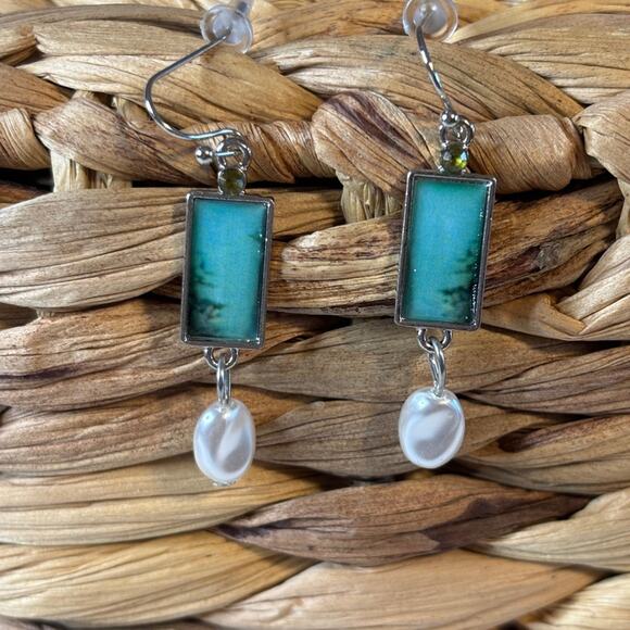 Blue Green Bar Earrings Faux Pearl Teardrop Dangle Modern Minimalist Jewelry - Picture 2 of 4